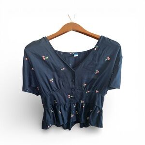 Old Navy Dark Navy Blue Top with Retro Buttons & 50s Cherry Pattern Blouse Shirt